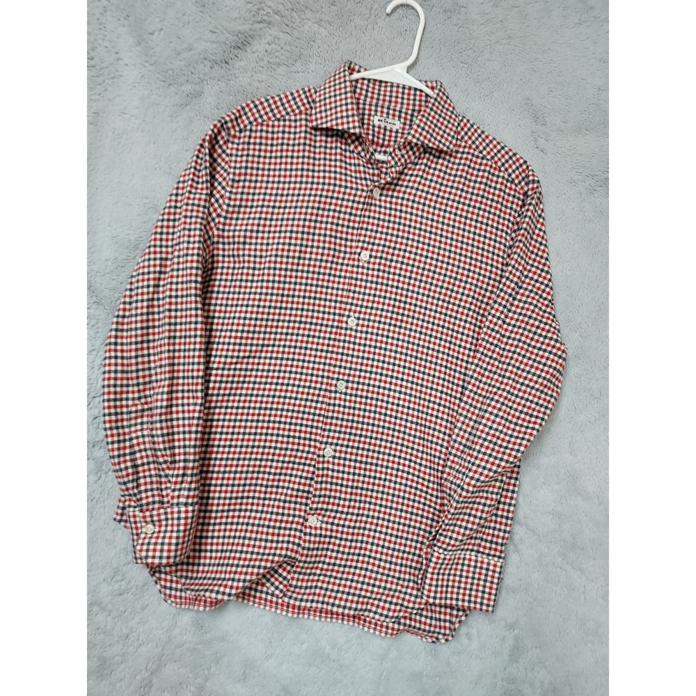 Kiton Shirt Mens 16.5 42 (L) Plaid Button Up Flannel Red Blue White Made Italy